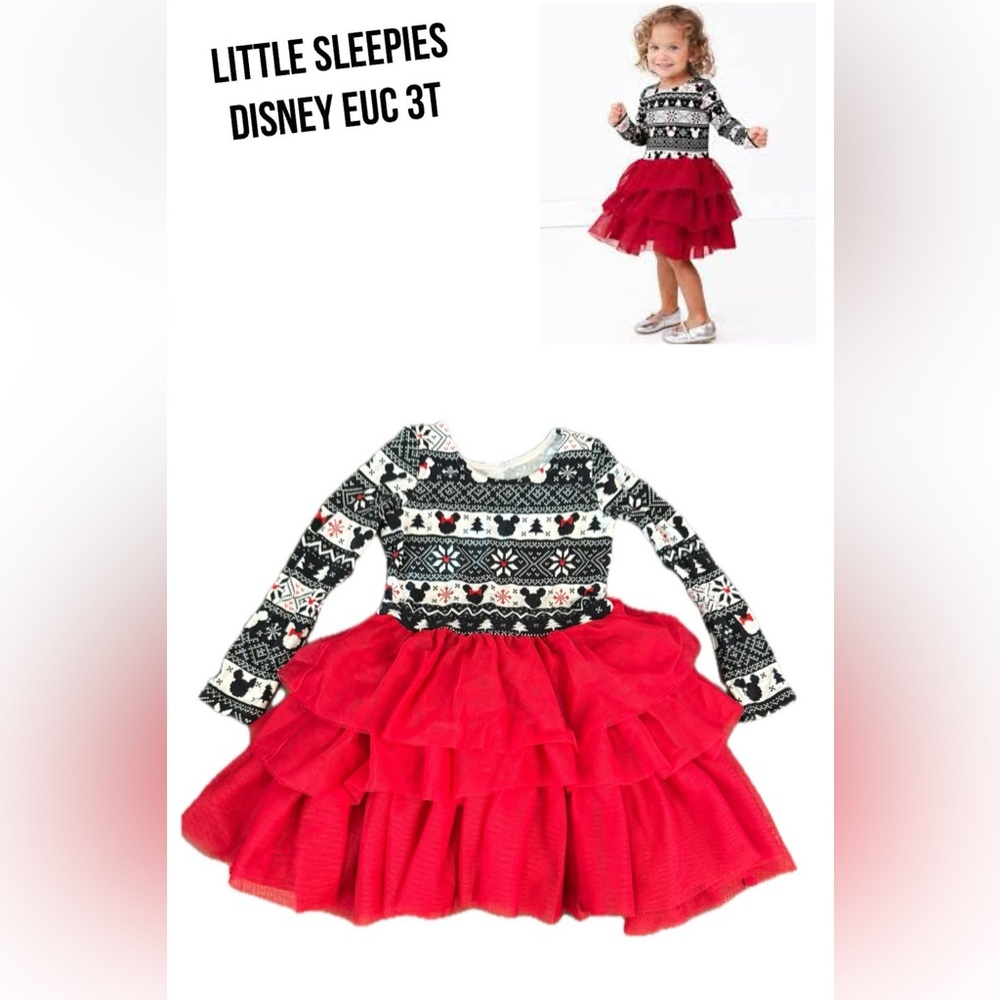Disney little sleepies 3t fair isle Mickey Mouse bamboo tulle dress euc